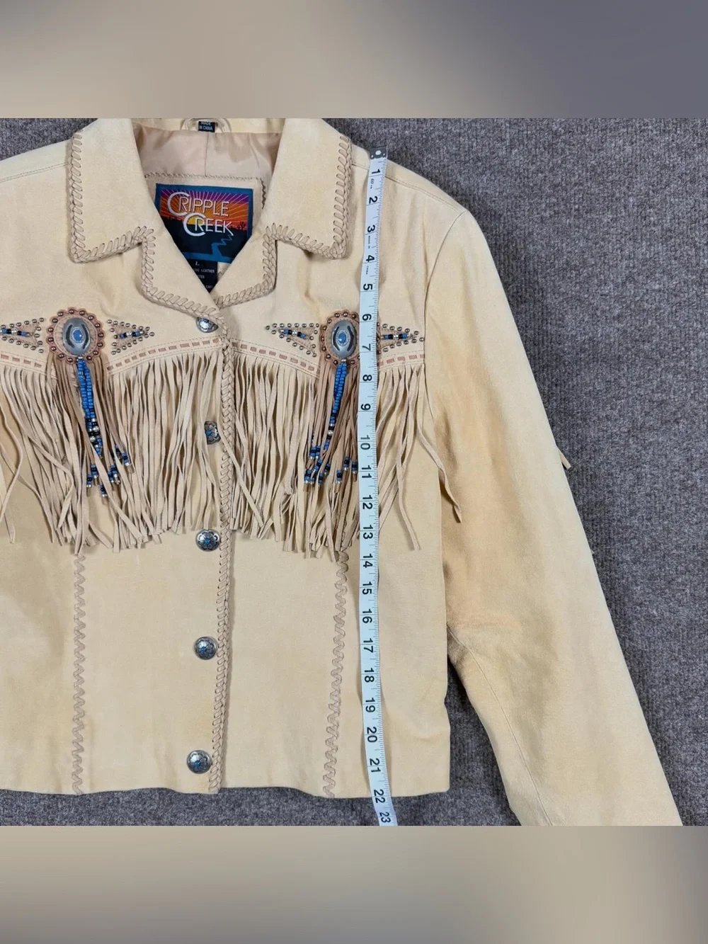 Cripple Creek Tan Suede Leather Fringe Western Jacket Womens L Beaded Medallions - Picture 14 of 15